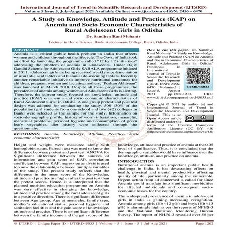 A Study on Knowledge, Attitude and Practice KAP on Anemia and Socio Economic ...