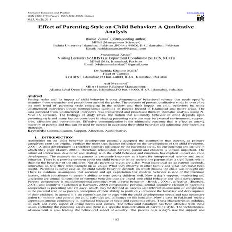 Effect of Parenting Style on Child Behavior: A Qualitative Analysis | PDF