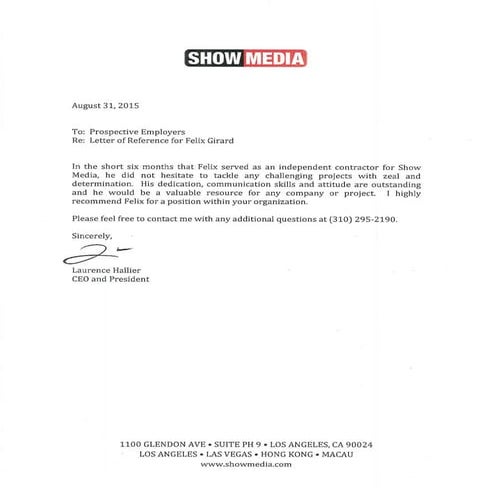 Felix Girard Show Media Letter Of Recommendation | PDF