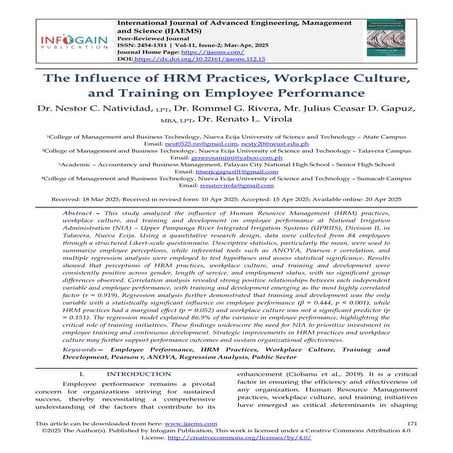 The Influence of HRM Practices, Workplace Culture, and Training on Employee P...