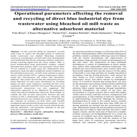 Operational parameters affecting the removal and recycling of direct blue ind...