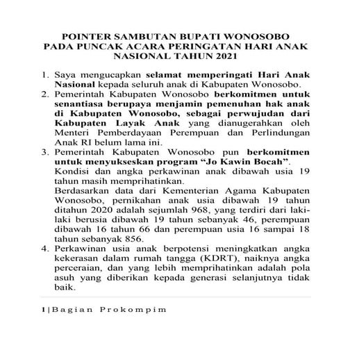 15 sept, sambutan bupati wonosobo hari anak nasional