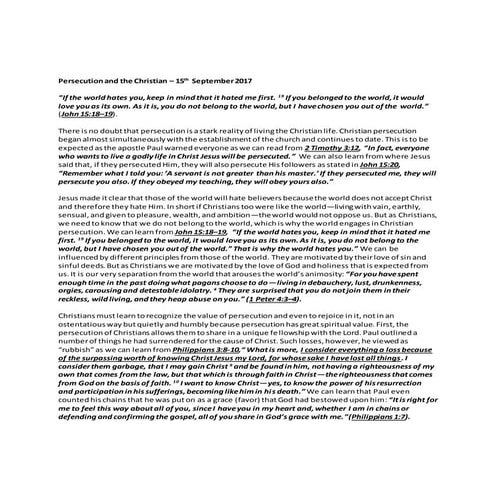 15th September 2017 - Persecution and the Christian.