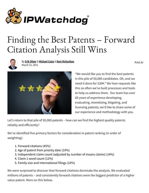 Finding the Best Patents – Forward Citation Analysis Still Wins