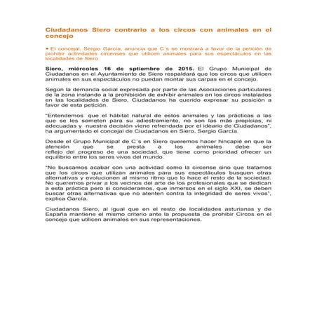 C´s Siero contrario a los circos con animales en el concejo