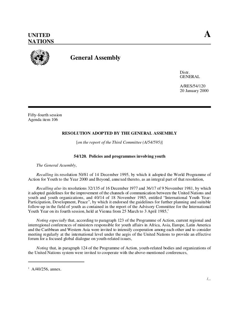 1999 General Assembly resolution on Policies and Programmes Involvi…