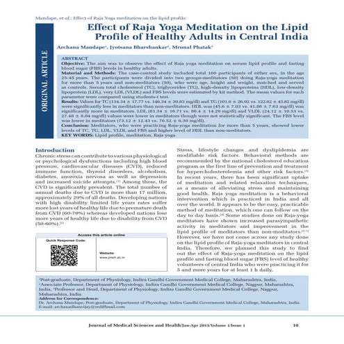 Effect of Raja Yoga Meditation on the Lipid Profile of Healthy Adults ...