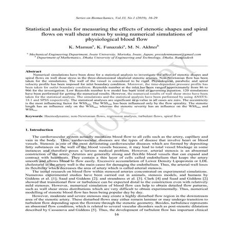 Statistical analysis for measuring the effects of stenotic shapes and spiral flows on wall shear stress by using numerical simulations of physiological blood flow