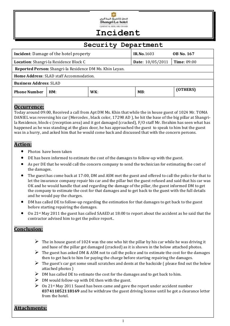 1603 damage of the hotel property la incident report