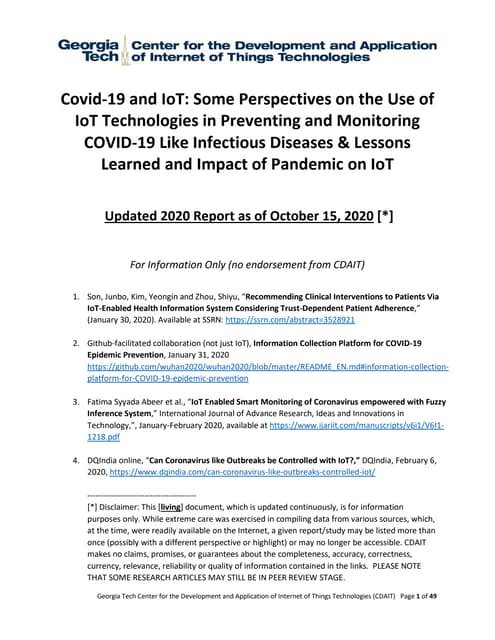 Covid-19 and IoT: Some Perspectives on the Use of IoT Technologies in Prevent...