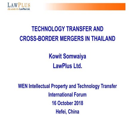 Technology Transfer and Cross Border Mergers in Thailand