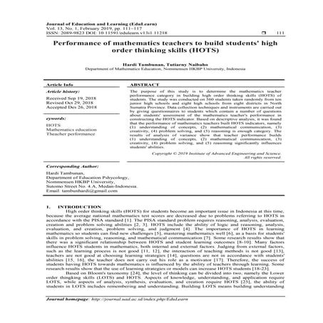 Performance of mathematics teachers to build students' high order thinking sk...