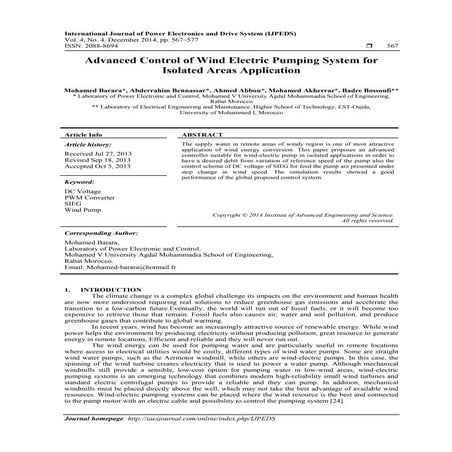 Advanced Control of Wind Electric Pumping System for Isolated Areas Application