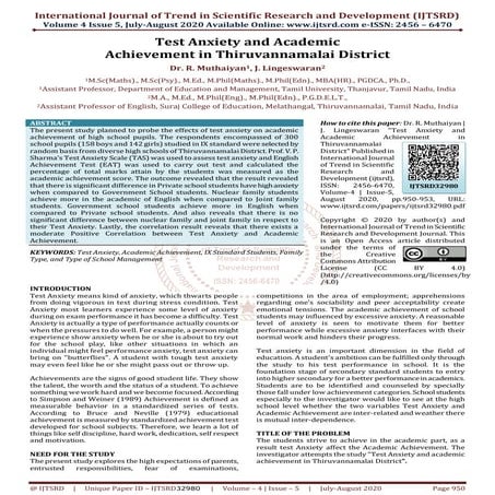 Test Anxiety and Academic Achievement in Thiruvannamalai District | PDF