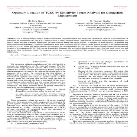 Optimum Location of TCSC by Sensitivity Factor Analysis for Congestion Manage...