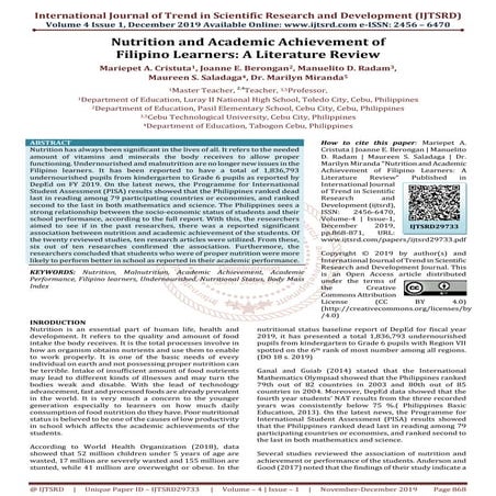 Nutrition and Academic Achievement of Filipino Learners: A Literature Review