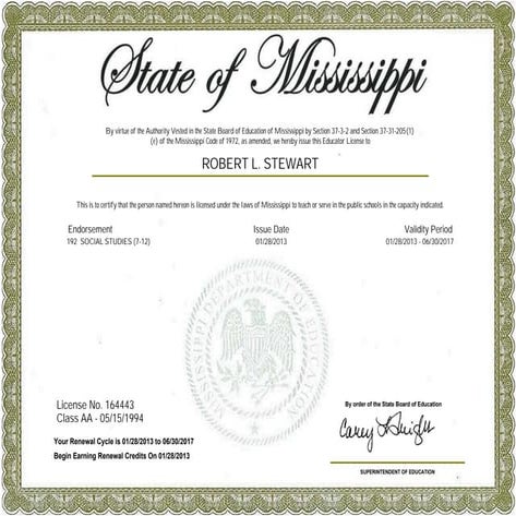 Mississippi Teaching certificate
