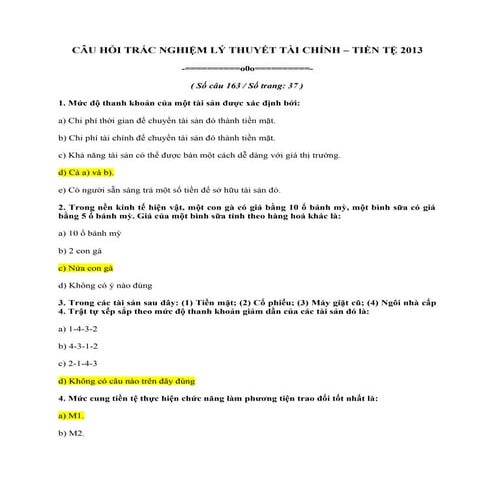 163 câu trắc nghiệm tài chính tiền tệ