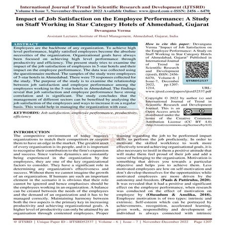 Impact of Job Satisfaction on the Employee Performance A Study on Staff ...