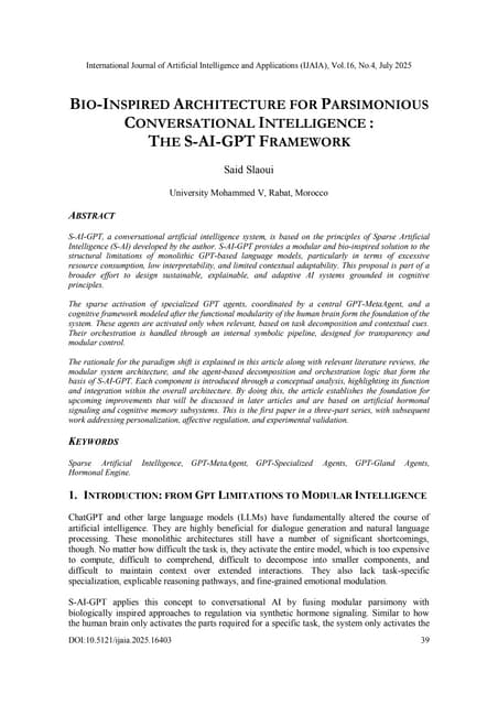 Bio-Inspired Architecture for Parsimonious Conversational Intelligence : The S-AI-GPT Framework