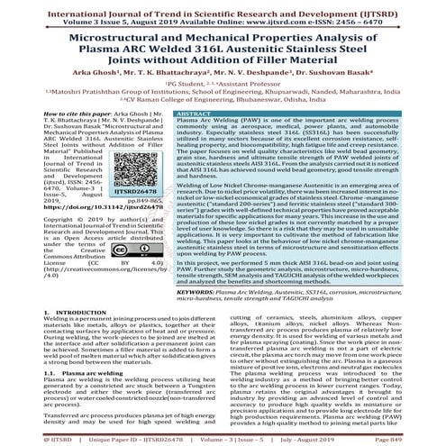 Microstructural and Mechanical Properties Analysis of Plasma ARC Welded 316L ...