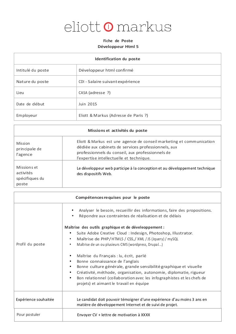 Fiche de Poste D veloppeur Fiche de Poste D veloppeur