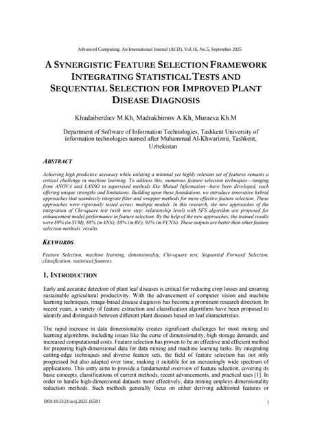 A SYNERGISTIC FEATURE SELECTION FRAMEWORK INTEGRATING STATISTICALTESTS AND SE...