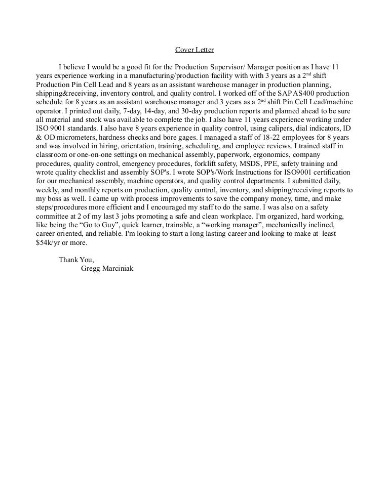 production supervisor cover letter sample production supervisor cover letter