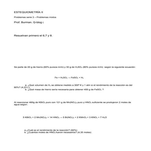 4º - ESTEQUIOMETRÍA II - Problemas serie 3 -1ª parte - qblog 2007