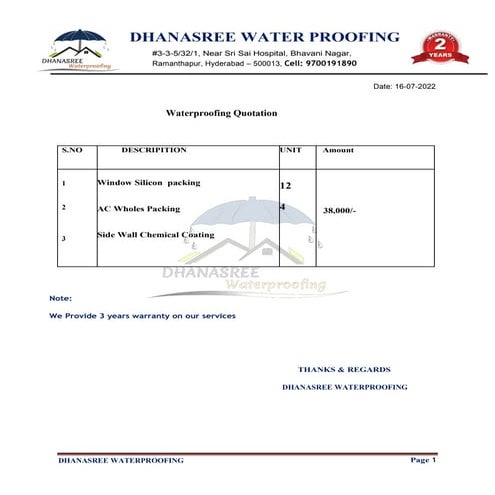 Waterproofing Quotation for Dhanasree Waterproofing in Hyderabad | PDF