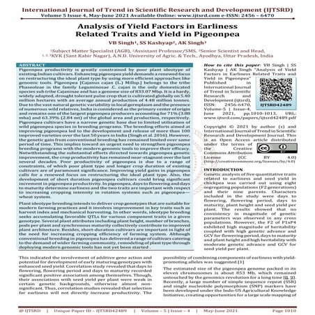 Analysis of Yield Factors in Earliness Related Traits and Yield in Pigeonpea