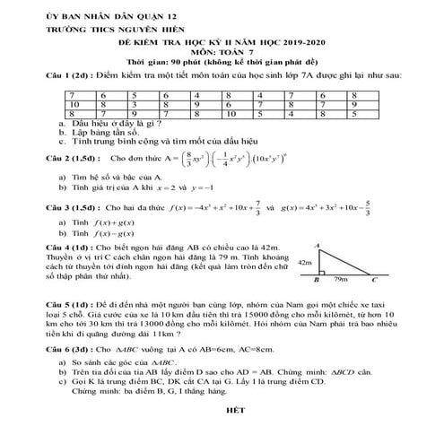 Đề Thi HK2 Toán 7 - THCS Nguyễn Hiền