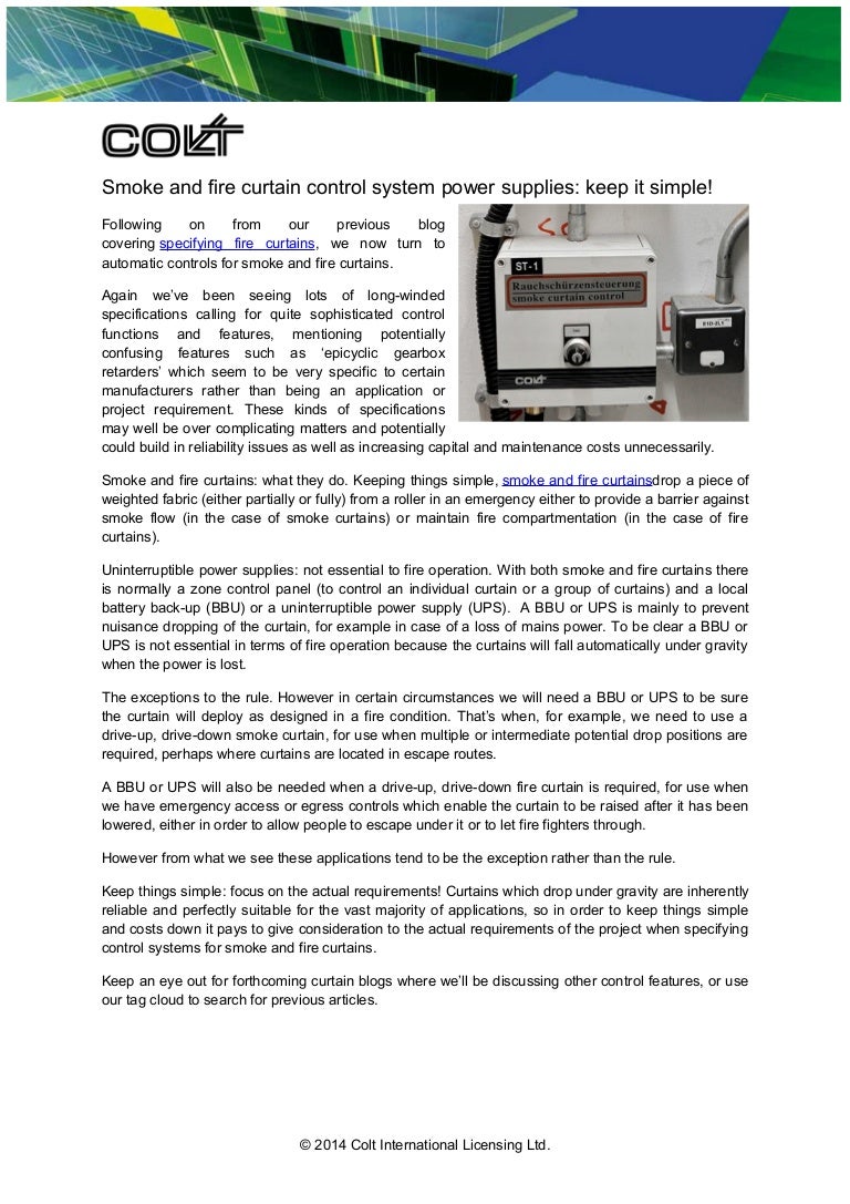 Smoke And Fire Curtain Control System Power Supplies Keep It Simple