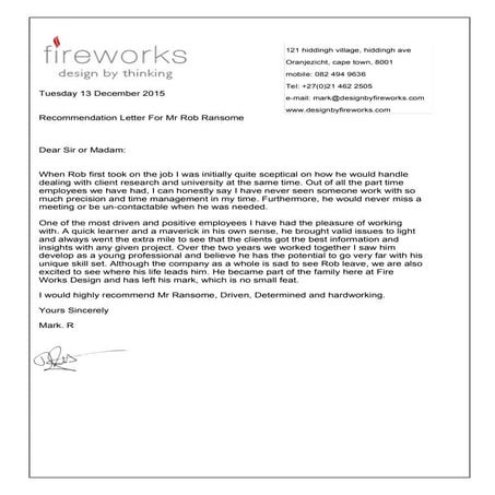 Fire Works- letter of recomendation | PDF