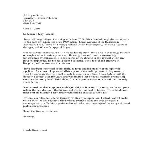 Brenda Reference letter