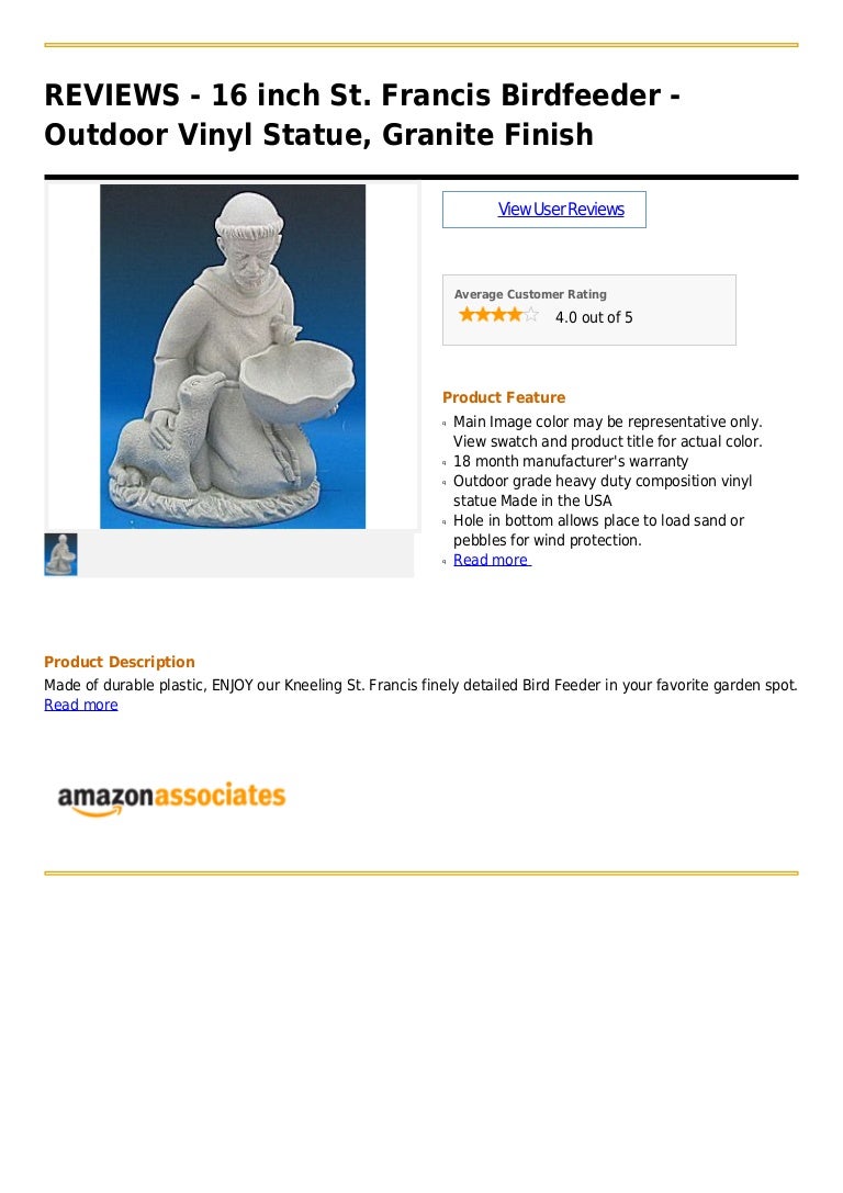 16 Inch St Francis Birdfeeder Outdoor Vinyl Statue Granite Finish