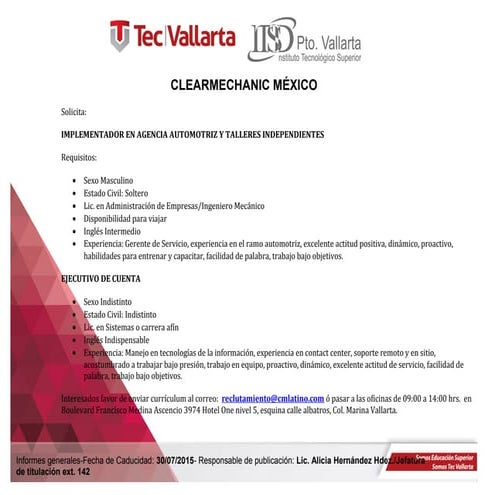 16 jul 15 vacantes Clear Mechanic 1