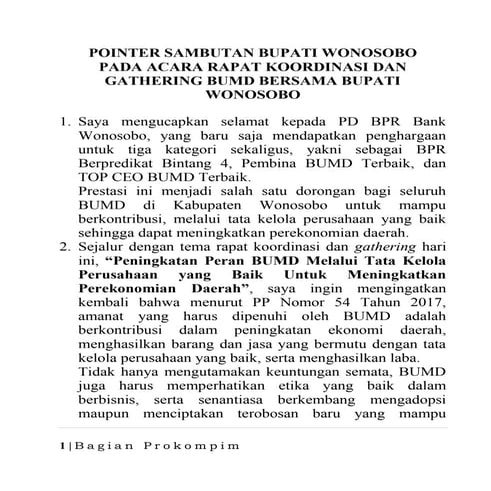 16 sept, sambutan bupati wonosobo gathering bumd