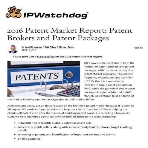 2016 Patent Market Report: Patent Brokers and Patent Packages