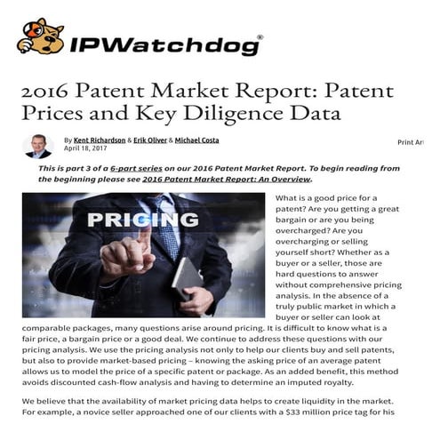 2016 Patent Market Report: Patent Prices and Key Diligence Data