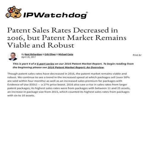 Patent Sales Rates Decreased in 2016, but Patent Market Remains Viable and Robust