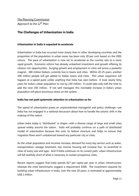 The Challenges of Urbanisation in India