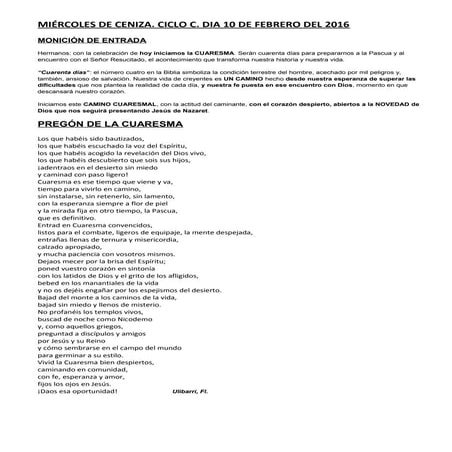GUIÓN DE LAS CELEBRACIÓN DEL MIERCOLES DE CENIZA. CICLO C. DIA 10 DE FEBRERO ...