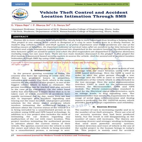 Vehicle Theft Control and Accident Location Intimation Through SMS