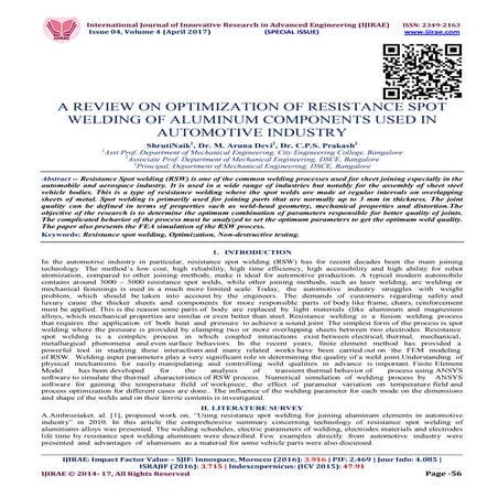 A REVIEW ON OPTIMIZATION OF RESISTANCE SPOT WELDING OF ALUMINUM COMPONENTS US...