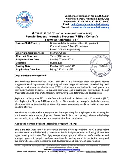 Female Student Internship Program Cohort V Advertisement March 2025