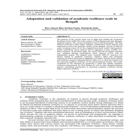 Adaptation and validation of academic resilience scale in Bengali