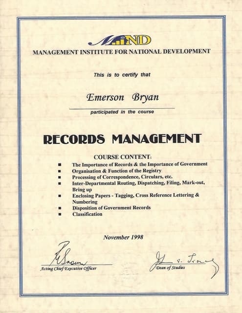 Certificate: Records Management