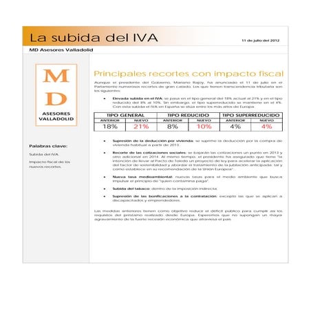 LA SUBIDA DEL IVA Y OTRAS MEDIDAS FISCALES MD ASESORES VALLADOLID GESTORES AS...