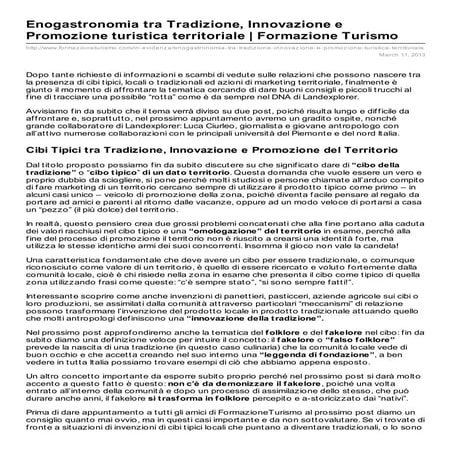 Enogastronomia tra Tradizione, Innovazione e Promozione turistica territoriale